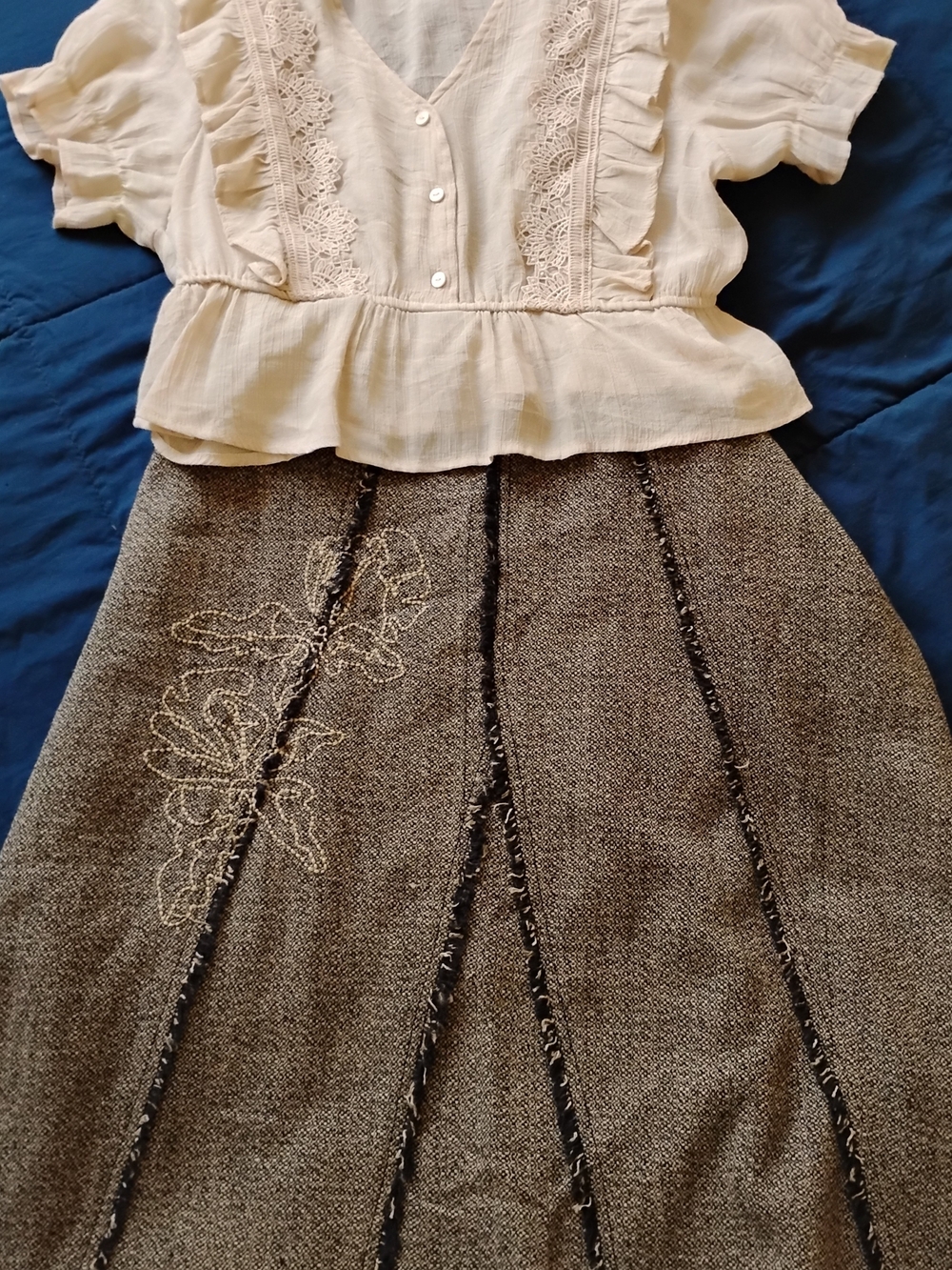 Cato Cream Ruffle Blouse with Brown Tweed A-Line Skirt